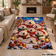 fluffy white puppies wearing winter hats around presents area rug, holiday room view 8
