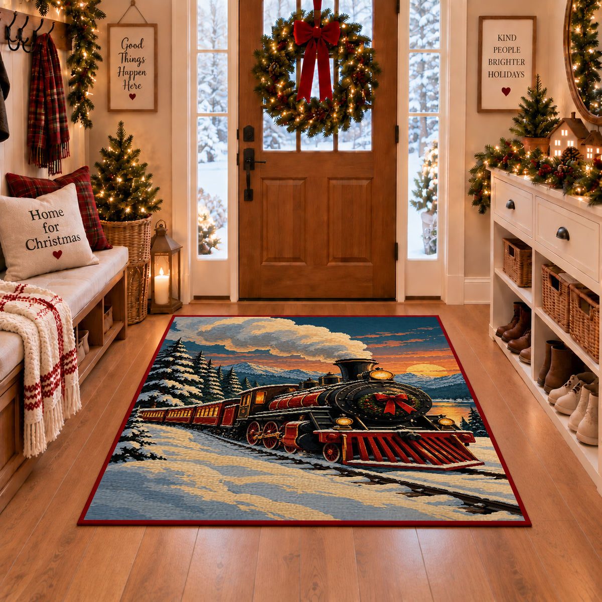 old-fashioned holiday train crossing snowy mountain tracks area rug, holiday room view 1