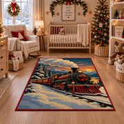 old-fashioned holiday train crossing snowy mountain tracks area rug, holiday room view 10