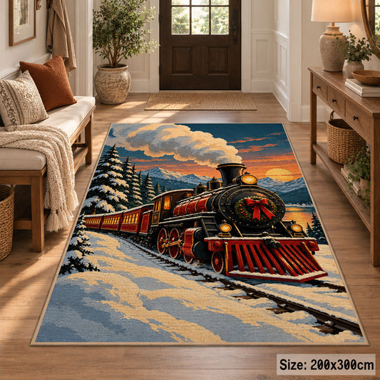 old-fashioned holiday train crossing snowy mountain tracks area rug, holiday room view 2