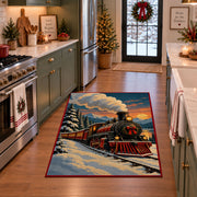 old-fashioned holiday train crossing snowy mountain tracks area rug, holiday room view 3