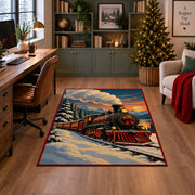 old-fashioned holiday train crossing snowy mountain tracks area rug, holiday room view 4