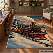 old-fashioned holiday train crossing snowy mountain tracks area rug, holiday room view 5