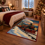 old-fashioned holiday train crossing snowy mountain tracks area rug, holiday room view 6