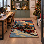 old-fashioned holiday train crossing snowy mountain tracks area rug, holiday room view 7