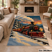 old-fashioned holiday train crossing snowy mountain tracks area rug, holiday room view 8