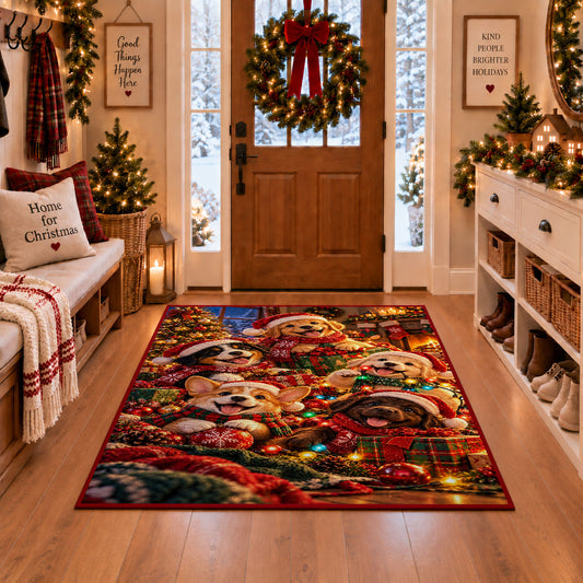 dogs in Christmas sweaters and hats with warm lights area rug, holiday room view 1