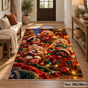 dogs in Christmas sweaters and hats with warm lights area rug, holiday room view 2