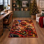 dogs in Christmas sweaters and hats with warm lights area rug, holiday room view 4
