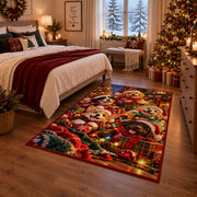 dogs in Christmas sweaters and hats with warm lights area rug, holiday room view 6