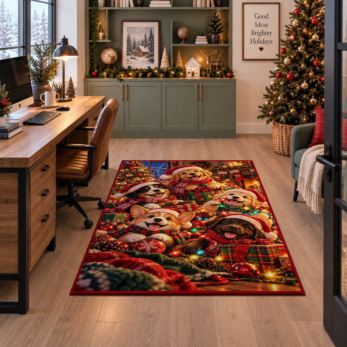 dogs in Christmas sweaters and hats with warm lights area rug, holiday room view 7