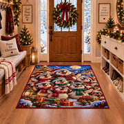 penguin family wearing scarves and hats by a Christmas tree area rug, holiday room view 1