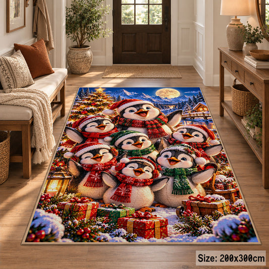 penguin family wearing scarves and hats by a Christmas tree area rug, holiday room view 2