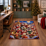 penguin family wearing scarves and hats by a Christmas tree area rug, holiday room view 4