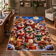 penguin family wearing scarves and hats by a Christmas tree area rug, holiday room view 5