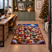 penguin family wearing scarves and hats by a Christmas tree area rug, holiday room view 7