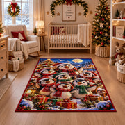 penguin family wearing scarves by a snowy village tree area rug, holiday room view 10