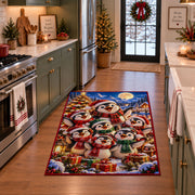 penguin family wearing scarves by a snowy village tree area rug, holiday room view 3