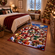 penguin family wearing scarves by a snowy village tree area rug, holiday room view 6