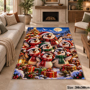 penguin family wearing scarves by a snowy village tree area rug, holiday room view 8