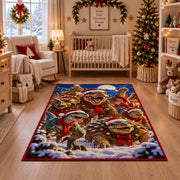 dinosaurs in winter scarves amid snowy trees area rug, holiday room view 10