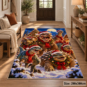 dinosaurs in winter scarves amid snowy trees area rug, holiday room view 2