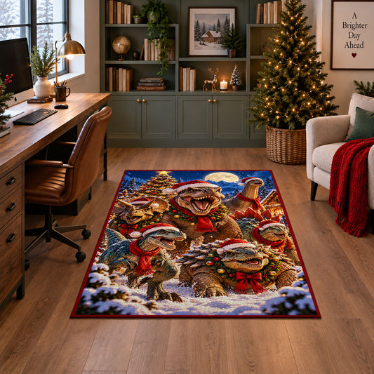 dinosaurs in winter scarves amid snowy trees area rug, holiday room view 4