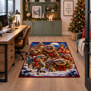 dinosaurs in winter scarves amid snowy trees area rug, holiday room view 7