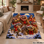 dinosaurs in winter scarves amid snowy trees area rug, holiday room view 8