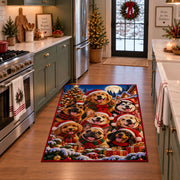 dogs in Christmas hats gathered by snowy fir trees area rug, holiday room view 3
