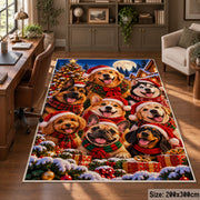 dogs in Christmas hats gathered by snowy fir trees area rug, holiday room view 5