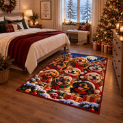 dogs in Christmas hats gathered by snowy fir trees area rug, holiday room view 6