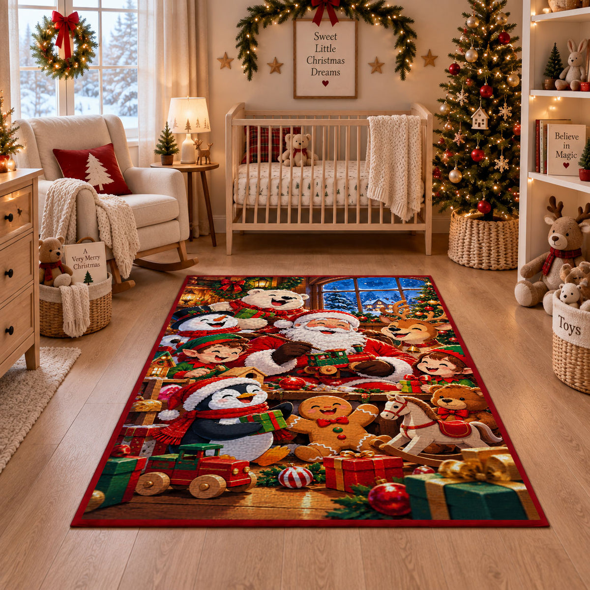 Santa, penguin and gingerbread friends with holiday gifts area rug, holiday room view 10