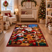 Santa, penguin and gingerbread friends with holiday gifts area rug, holiday room view 10