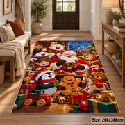 Santa, penguin and gingerbread friends with holiday gifts area rug, holiday room view 2