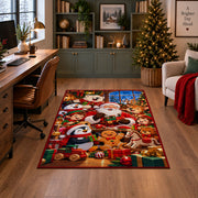 Santa, penguin and gingerbread friends with holiday gifts area rug, holiday room view 4
