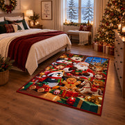 Santa, penguin and gingerbread friends with holiday gifts area rug, holiday room view 6