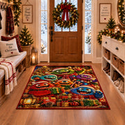 colorful friendly monsters wearing scarves around Christmas presents area rug, holiday room view 1