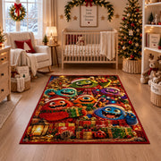 colorful friendly monsters wearing scarves around Christmas presents area rug, holiday room view 10