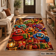 colorful friendly monsters wearing scarves around Christmas presents area rug, holiday room view 2