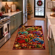 colorful friendly monsters wearing scarves around Christmas presents area rug, holiday room view 3