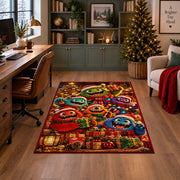 colorful friendly monsters wearing scarves around Christmas presents area rug, holiday room view 4