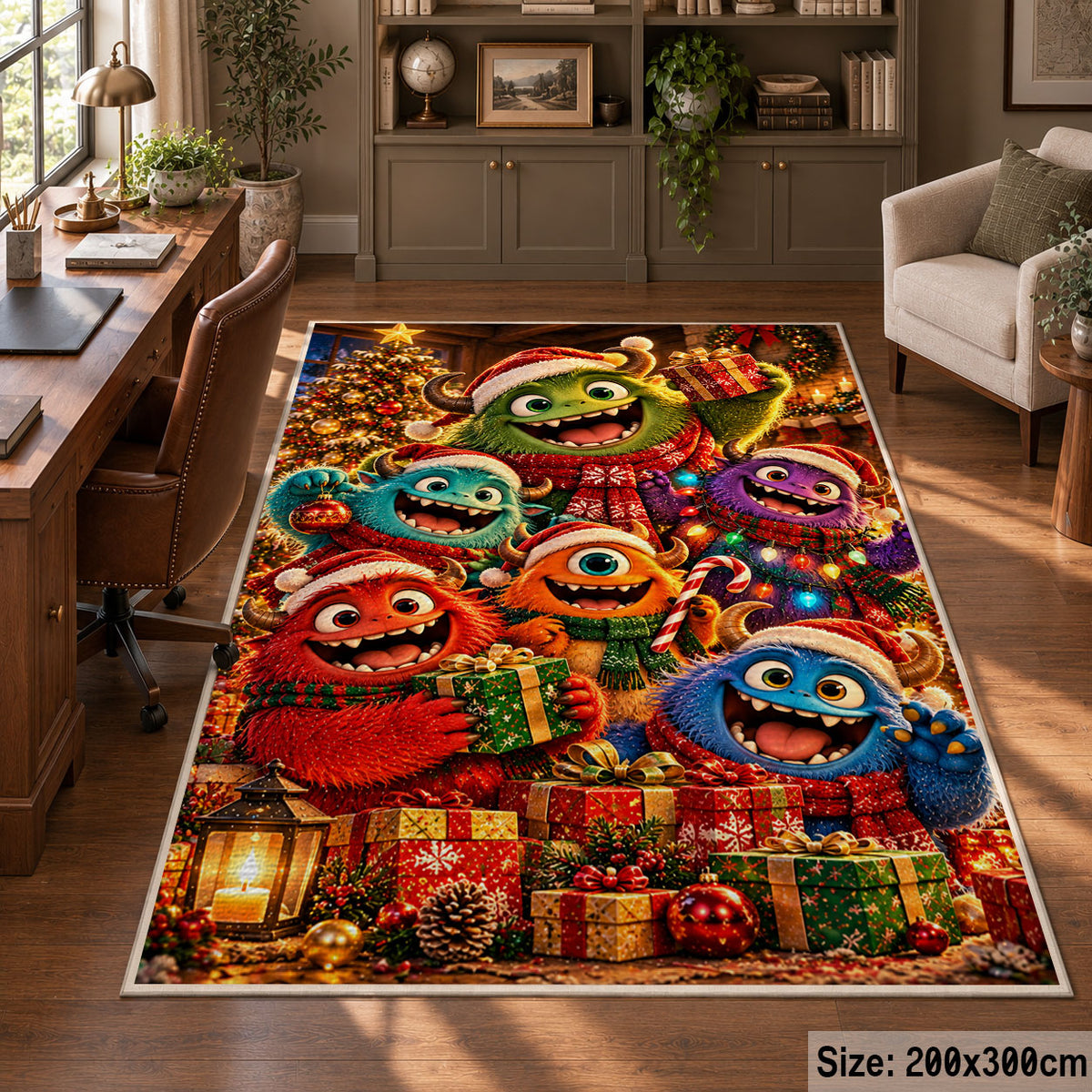 colorful friendly monsters wearing scarves around Christmas presents area rug, holiday room view 5