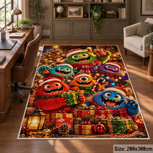 colorful friendly monsters wearing scarves around Christmas presents area rug, holiday room view 5