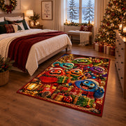 colorful friendly monsters wearing scarves around Christmas presents area rug, holiday room view 6