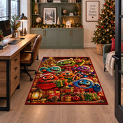 colorful friendly monsters wearing scarves around Christmas presents area rug, holiday room view 7