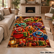colorful friendly monsters wearing scarves around Christmas presents area rug, holiday room view 8