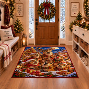reindeer family wearing festive bows by a Christmas tree area rug, holiday room view 1