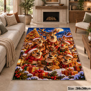 reindeer family wearing festive bows by a Christmas tree area rug, holiday room view 8