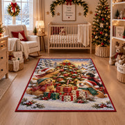 woodland animals around a decorated tree and gifts in snow area rug, holiday room view 10
